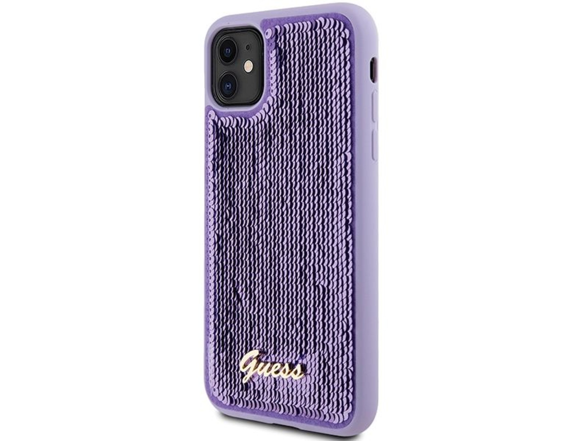 Capa metálica Guess com lantejoulas e escrita para iPhone 11/Xr - roxa