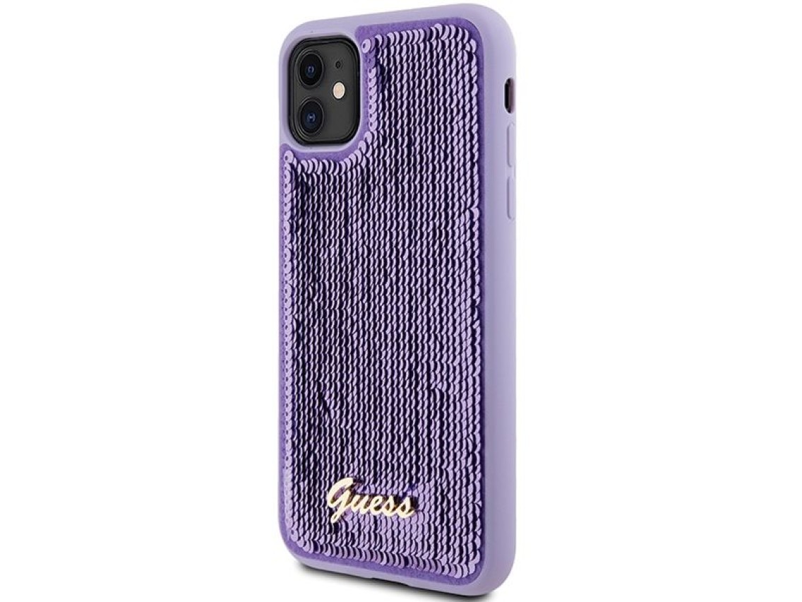 Capa metálica Guess com lantejoulas e escrita para iPhone 11/Xr - roxa