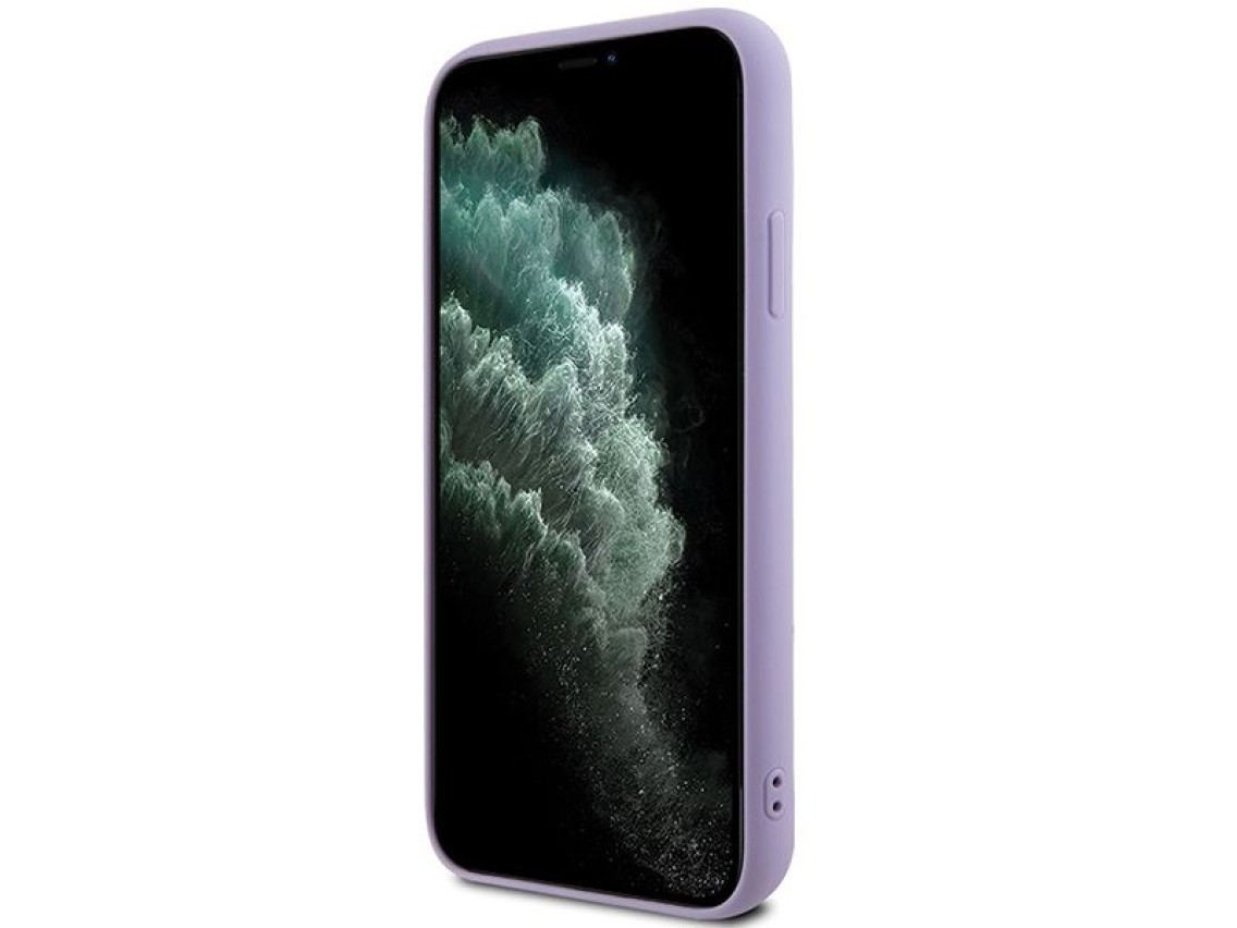 Capa metálica Guess com lantejoulas e escrita para iPhone 11/Xr - roxa