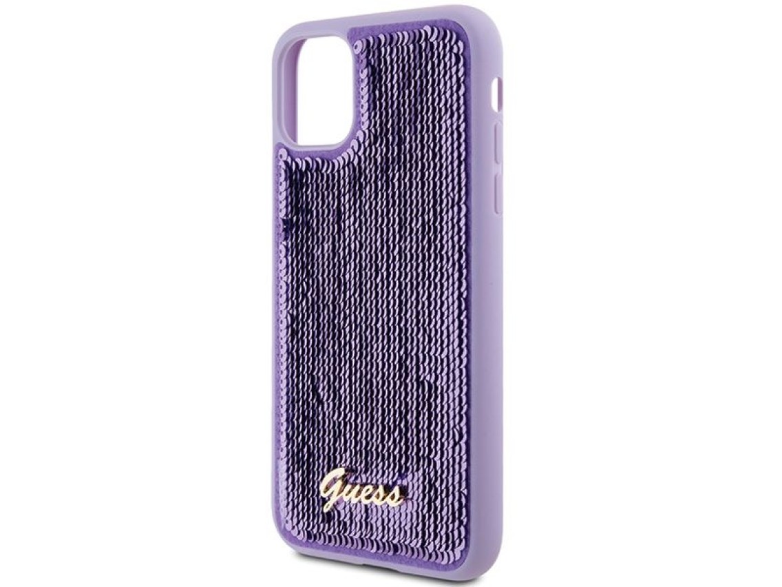 Capa metálica Guess com lantejoulas e escrita para iPhone 11/Xr - roxa