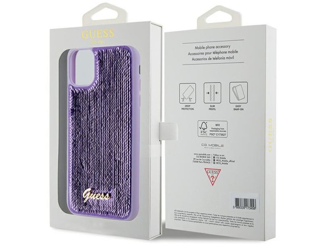 Capa metálica Guess com lantejoulas e escrita para iPhone 11/Xr - roxa
