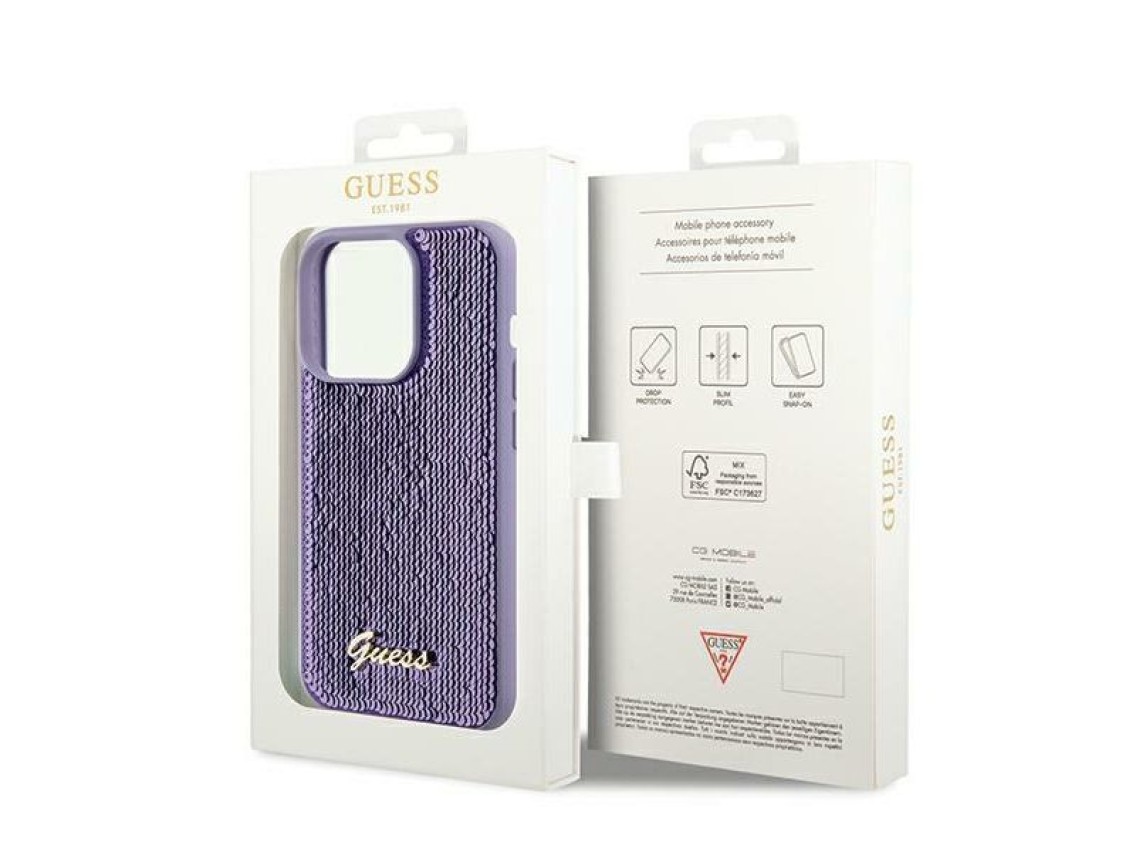 Guess Sequin Script Metal case for iPhone 14 Pro - purple