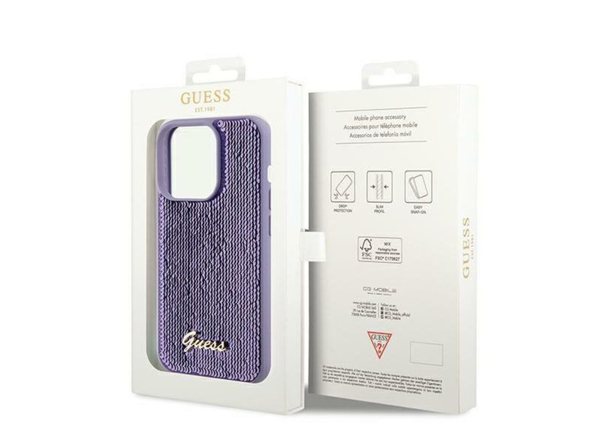 Guess Sequin Script Metal case for iPhone 14 Pro - purple