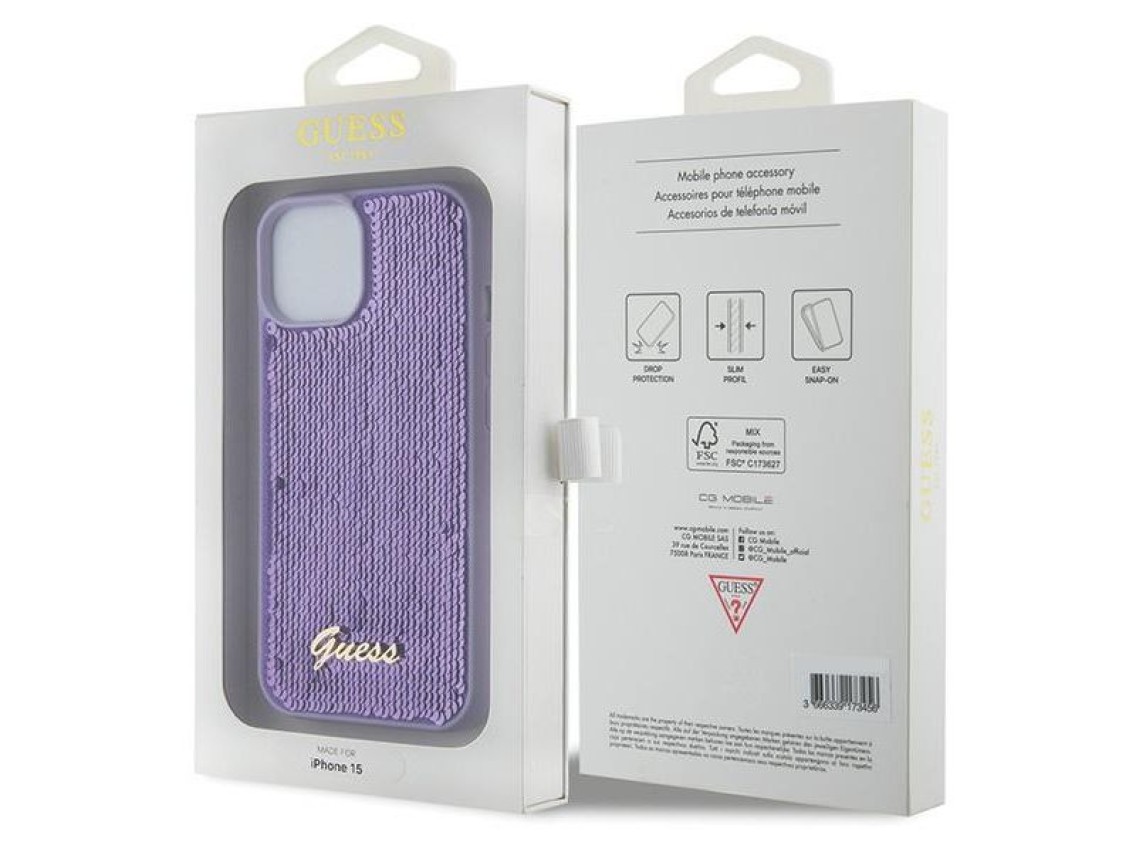 Guess Sequin Script Metal case for iPhone 15 - purple