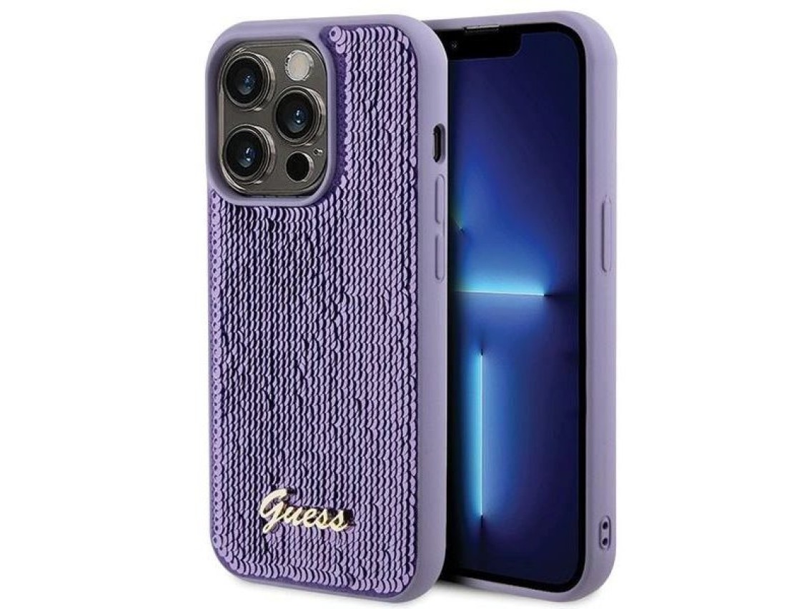Capa metálica Guess com lantejoulas e escrita para iPhone 15 Pro Max - roxa