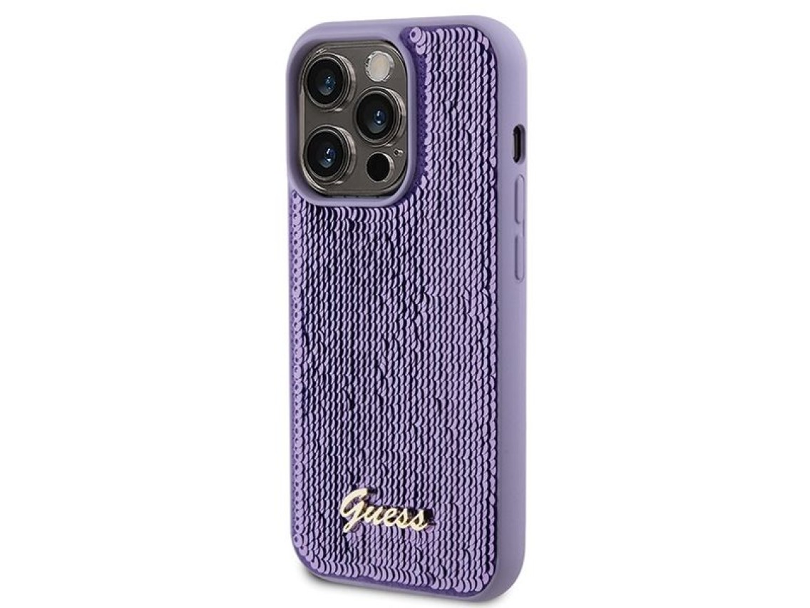 Capa metálica Guess com lantejoulas e escrita para iPhone 15 Pro Max - roxa