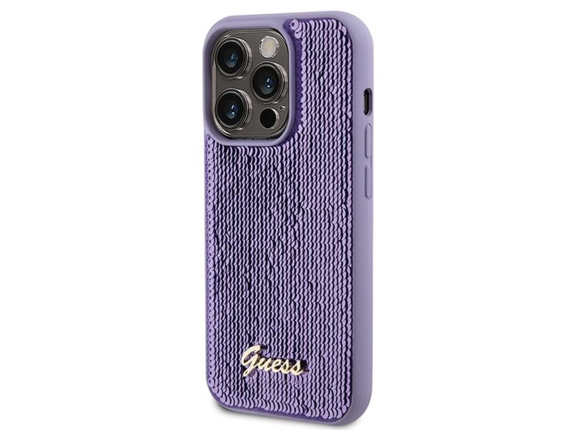 Capa metálica Guess com lantejoulas e escrita para iPhone 15 Pro Max - roxa