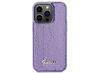 Capa metálica Guess com lantejoulas e escrita para iPhone 15 Pro Max - roxa Capa metálica Guess com lantejoulas e escrita para iPhone 15 Pro Max - roxa
