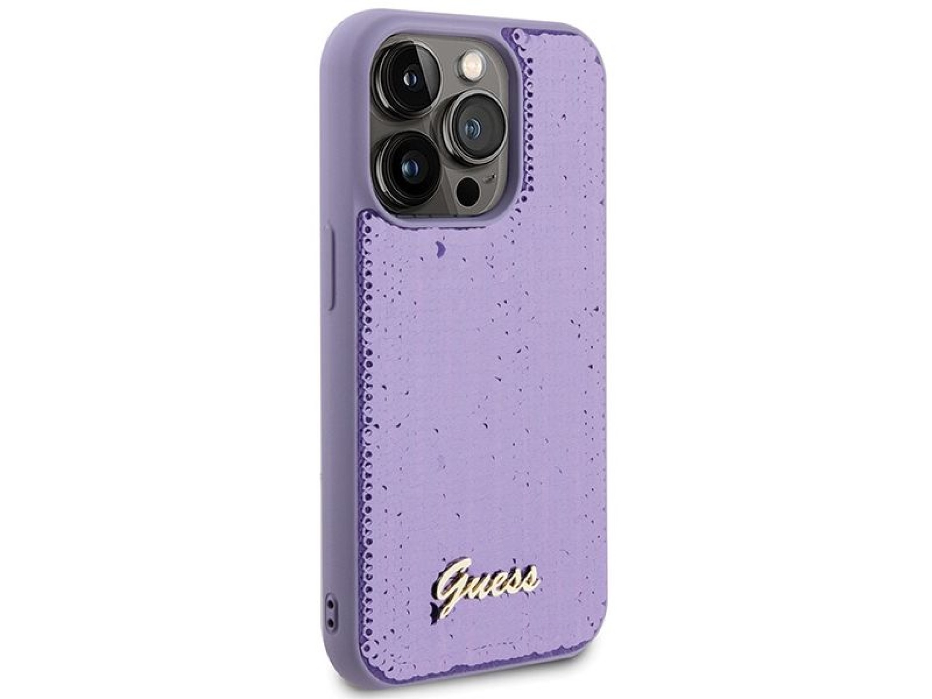 Capa metálica Guess com lantejoulas e escrita para iPhone 15 Pro Max - roxa