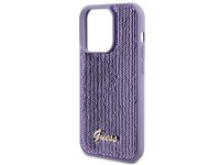 Capa metálica Guess com lantejoulas e escrita para iPhone 15 Pro Max - roxa Capa metálica Guess com lantejoulas e escrita para iPhone 15 Pro Max - roxa