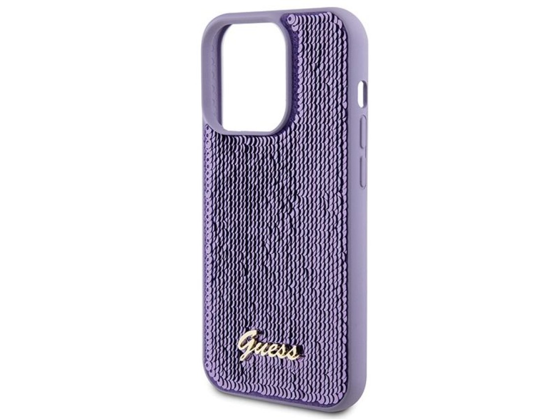 Capa metálica Guess com lantejoulas e escrita para iPhone 15 Pro Max - roxa