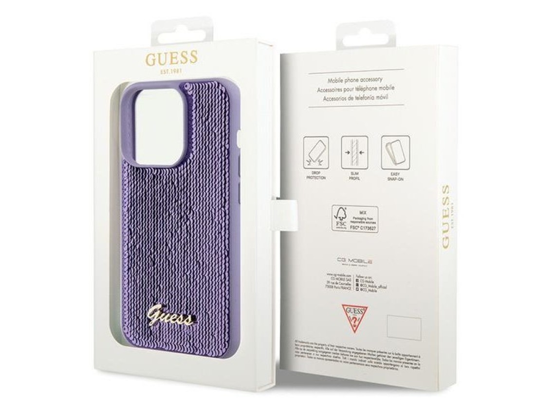 Capa metálica Guess com lantejoulas e escrita para iPhone 15 Pro Max - roxa