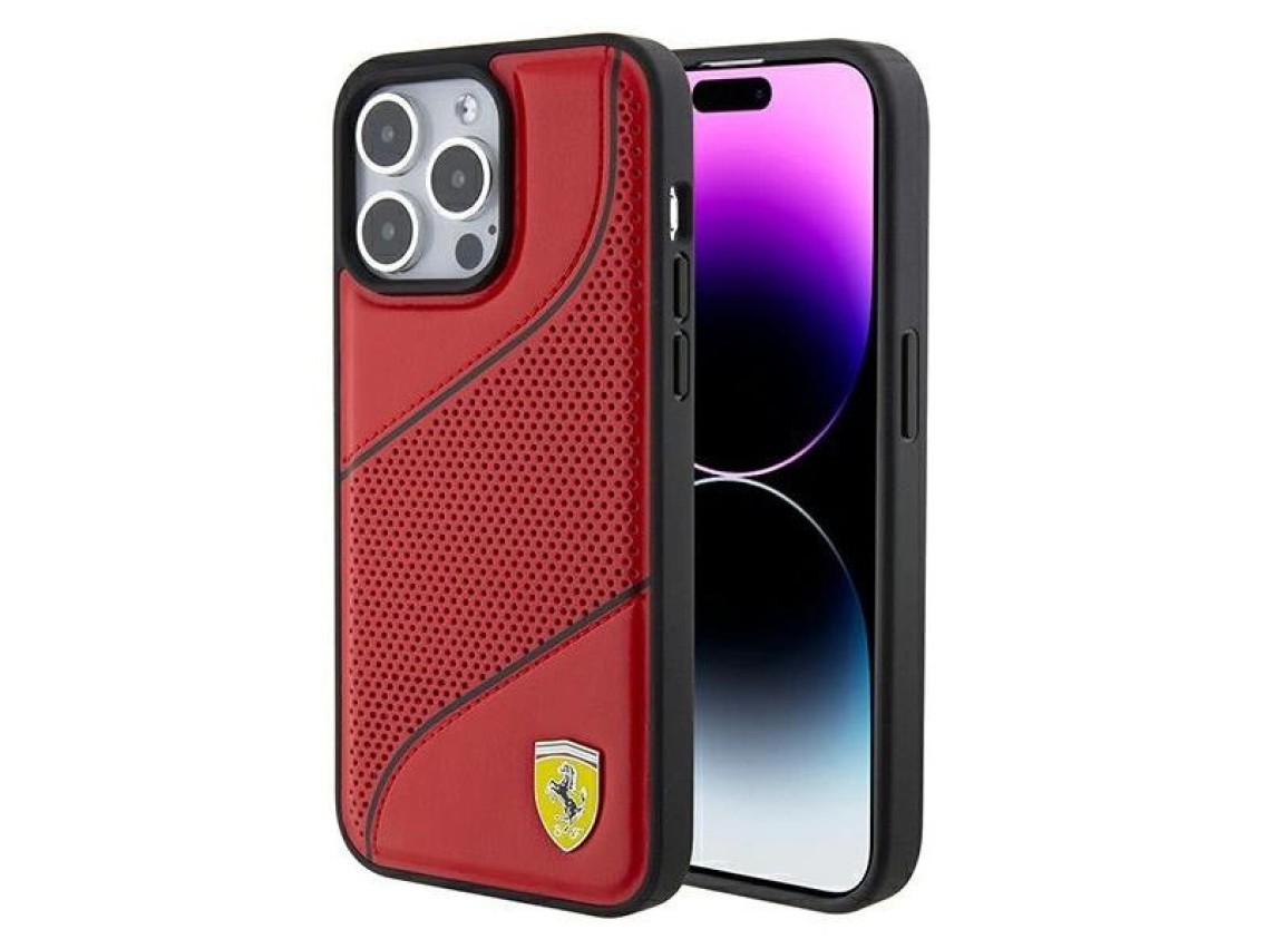 Funda Ferrari con logotipo metálico perforado de ondas para iPhone 15 Pro - roja