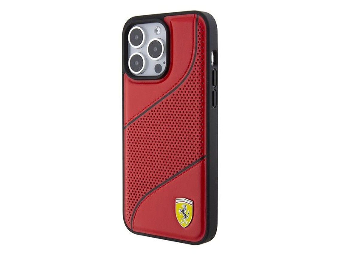 Funda Ferrari con logotipo metálico perforado de ondas para iPhone 15 Pro - roja