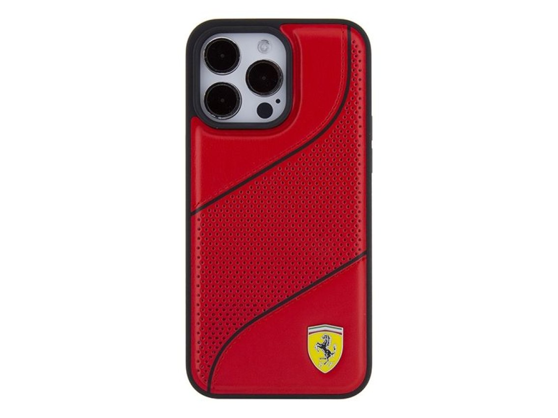Funda Ferrari con logotipo metálico perforado de ondas para iPhone 15 Pro - roja