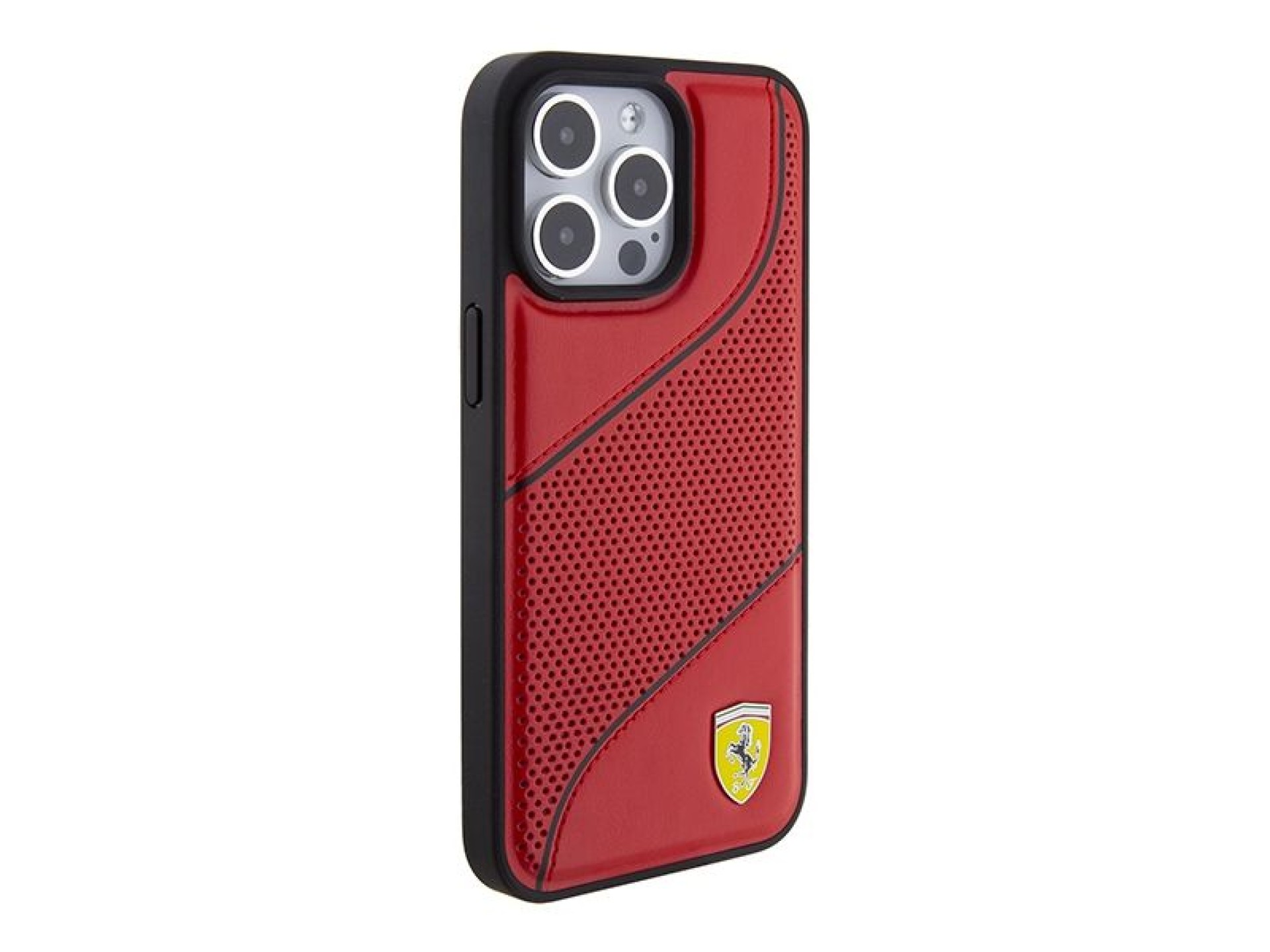 Funda Ferrari con logotipo metálico perforado de ondas para iPhone 15 Pro - roja