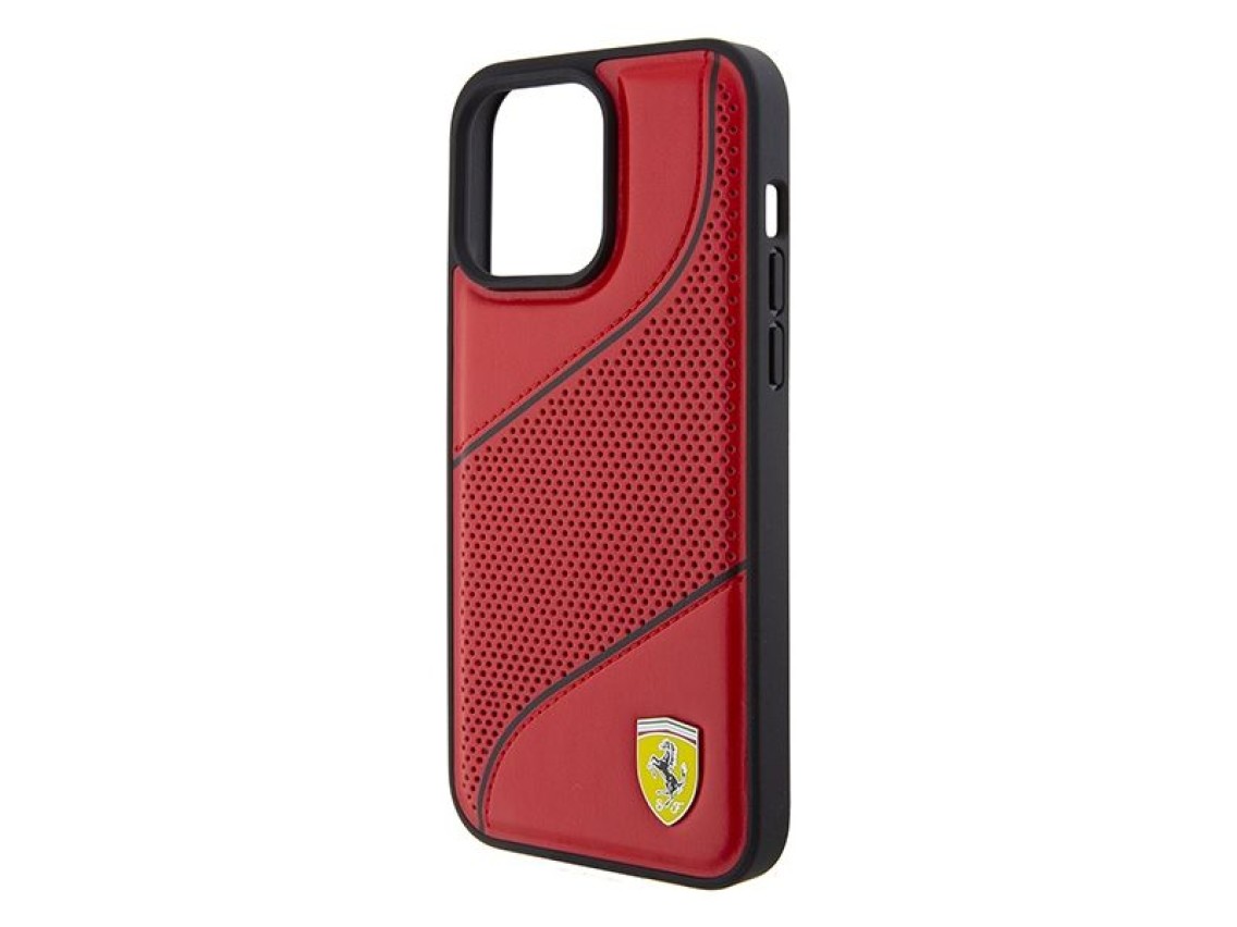 Funda Ferrari con logotipo metálico perforado de ondas para iPhone 15 Pro - roja