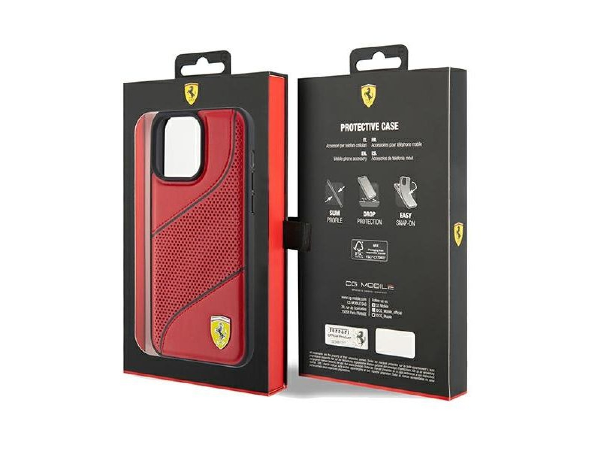 Funda Ferrari con logotipo metálico perforado de ondas para iPhone 15 Pro - roja