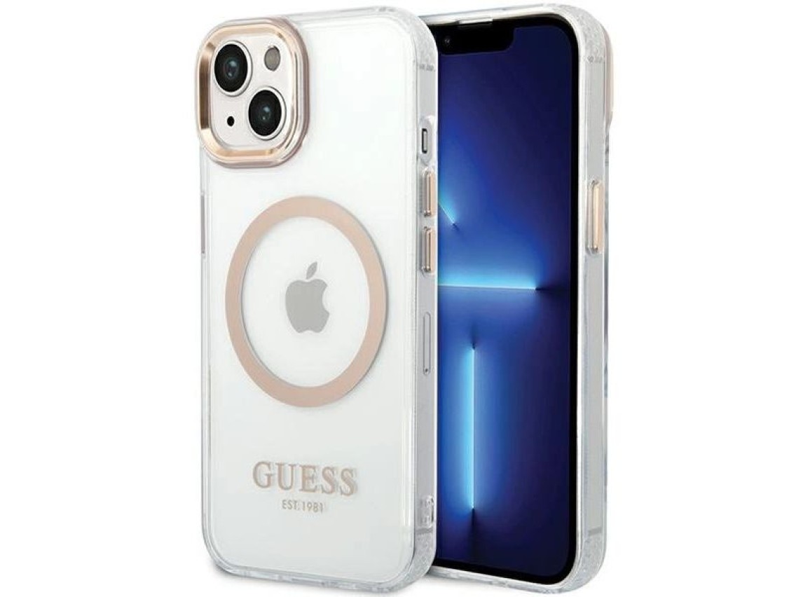 Capa Guess Metal Outline MagSafe para iPhone 15 Plus / 14 Plus - Dourada