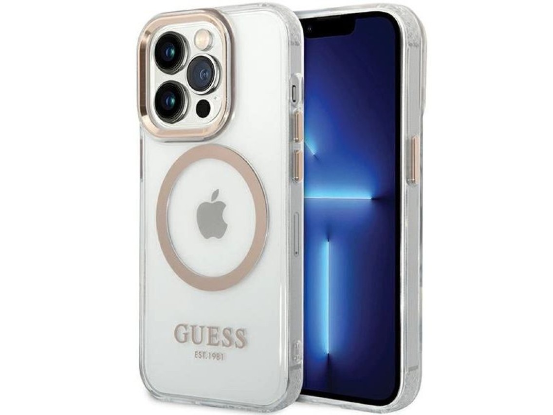 Funda Guess Metal Outline MagSafe para iPhone 15 Pro - dorada