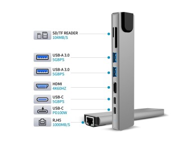 Hub USB Tech-Protect HB09 8 em 1: Tipo-C + USB-A 3.0 + USB-C 3.0 + HDMI 4K 60Hz + SD/TF + PD100W + R