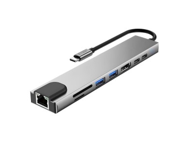 Hub USB Tech-Protect HB09 8 em 1: Tipo-C + USB-A 3.0 + USB-C 3.0 + HDMI 4K 60Hz + SD/TF + PD100W + R