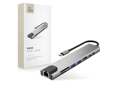 Hub USB Tech-Protect HB09 8 em 1: Tipo-C + USB-A 3.0 + USB-C 3.0 + HDMI 4K 60Hz + SD/TF + PD100W + R