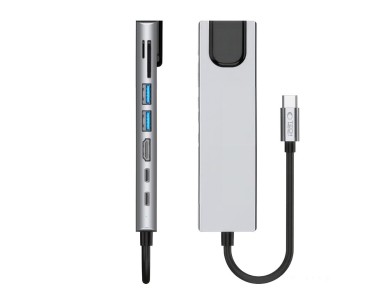 Hub USB Tech-Protect HB09 8 em 1: Tipo-C + USB-A 3.0 + USB-C 3.0 + HDMI 4K 60Hz + SD/TF + PD100W + R