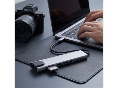 Hub USB Tech-Protect HB09 8 em 1: Tipo-C + USB-A 3.0 + USB-C 3.0 + HDMI 4K 60Hz + SD/TF + PD100W + R