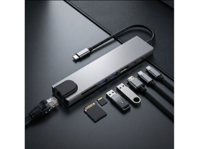 Hub USB Tech-Protect HB09 8 em 1: Tipo-C + USB-A 3.0 + USB-C 3.0 + HDMI 4K 60Hz + SD/TF + PD100W + R