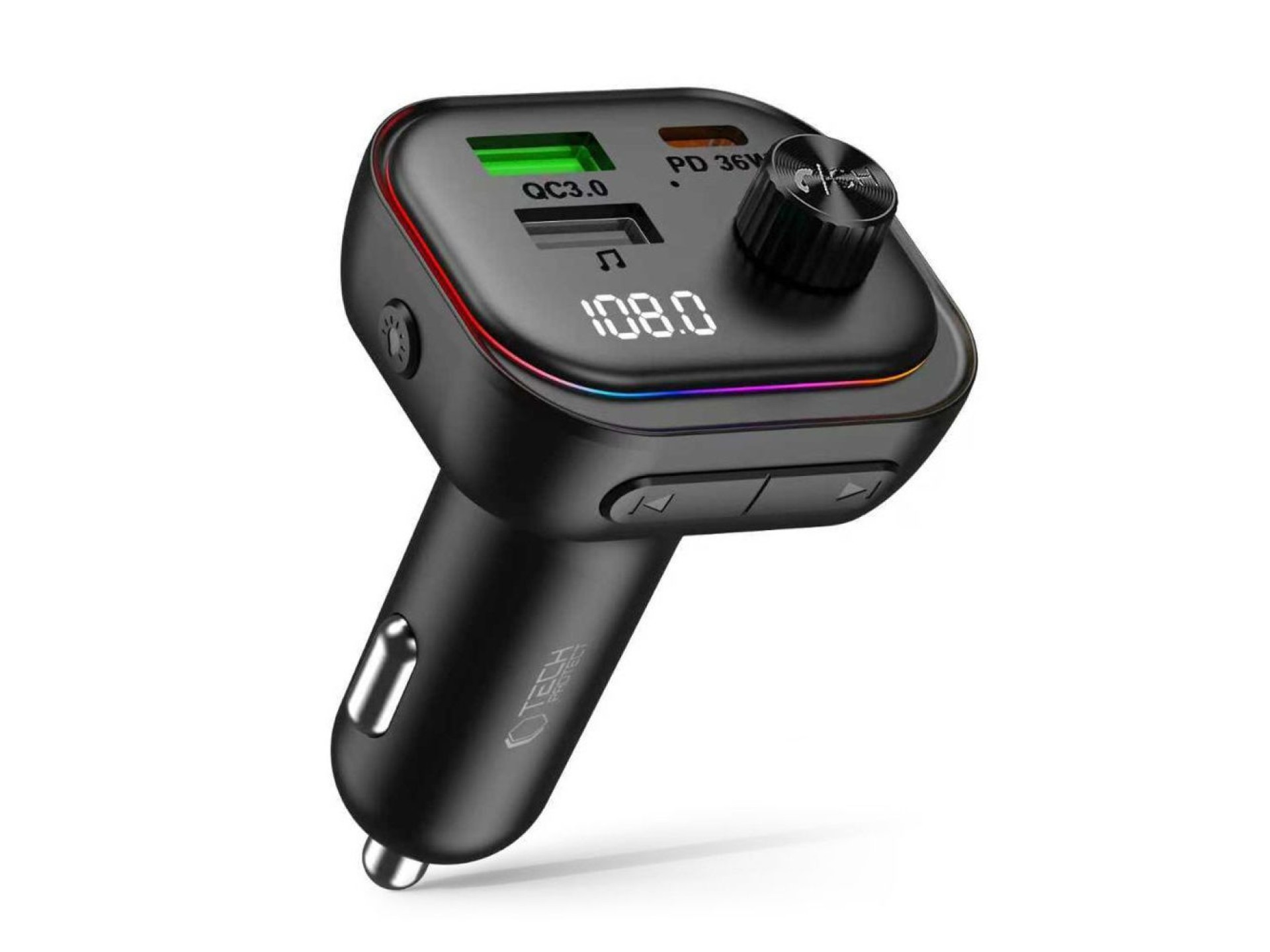 Cargador de coche Tech-Protect CC07 de 3 puertos PD de 54 W + transmisor FM Bluetooth - Negro
