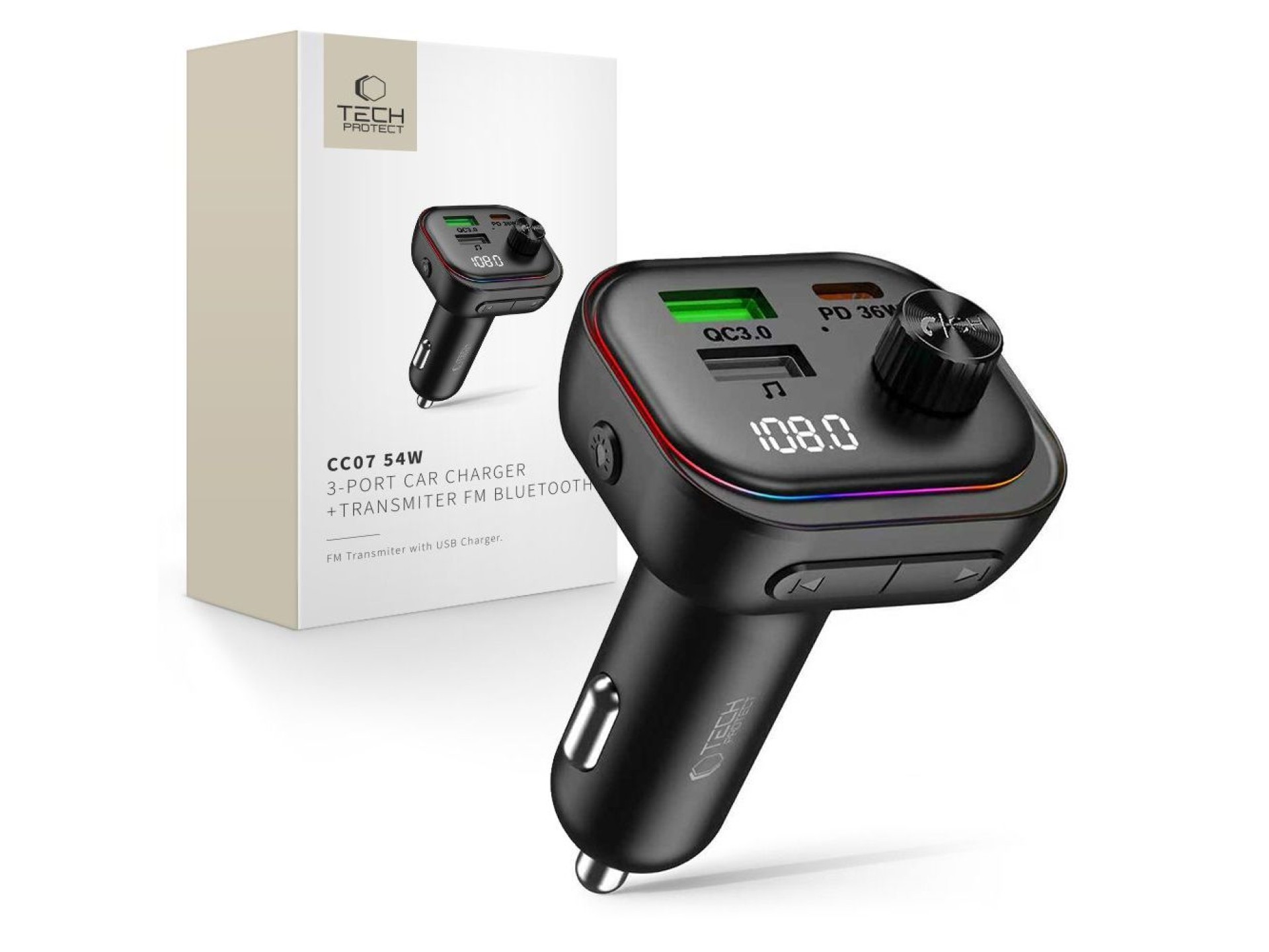 Cargador de coche Tech-Protect CC07 de 3 puertos PD de 54 W + transmisor FM Bluetooth - Negro