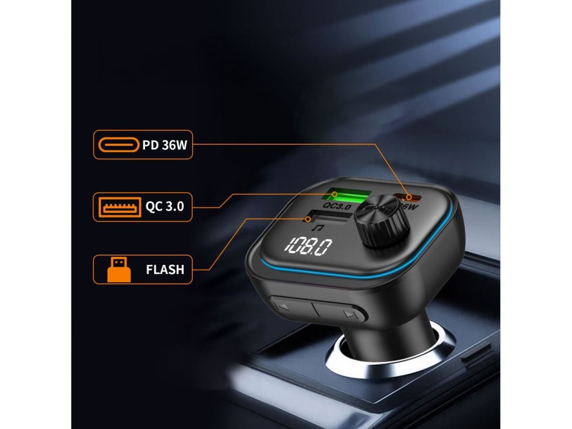 Cargador de coche Tech-Protect CC07 de 3 puertos PD de 54 W + transmisor FM Bluetooth - Negro