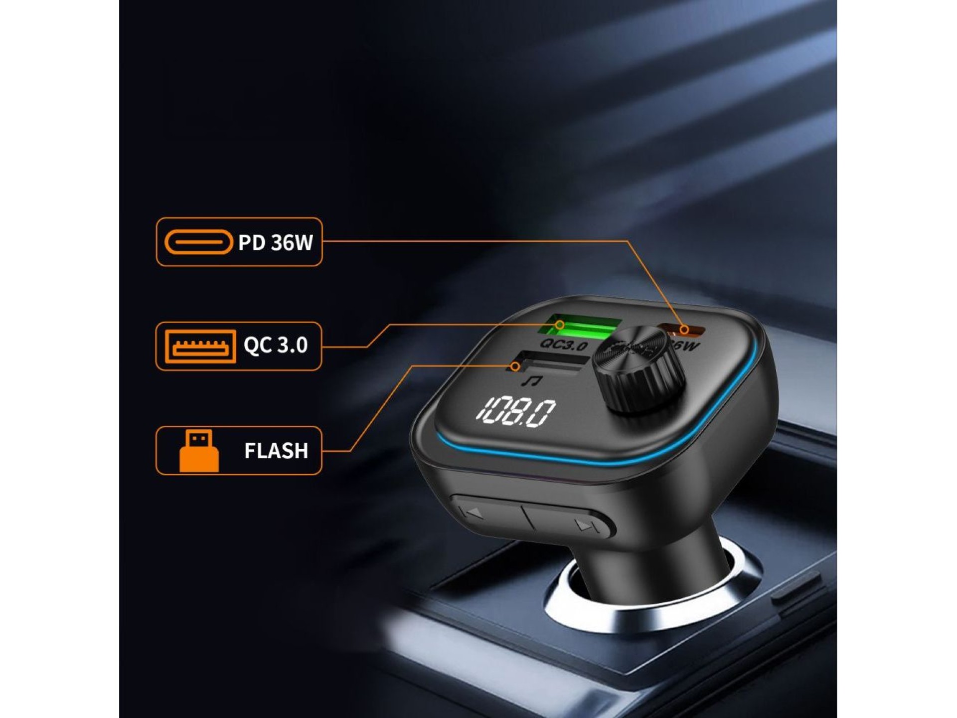 Cargador de coche Tech-Protect CC07 de 3 puertos PD de 54 W + transmisor FM Bluetooth - Negro