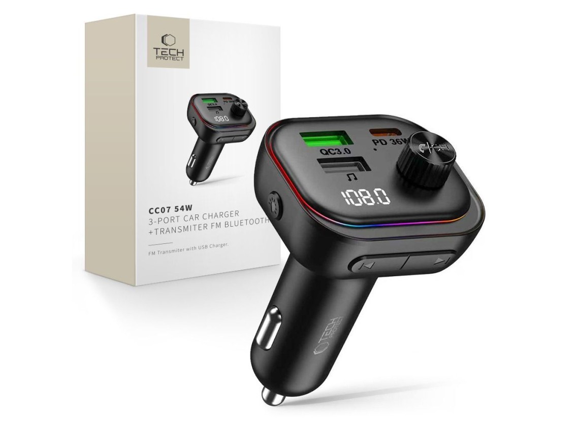 Cargador de coche Tech-Protect CC07 de 3 puertos PD de 54 W + transmisor FM Bluetooth - Negro