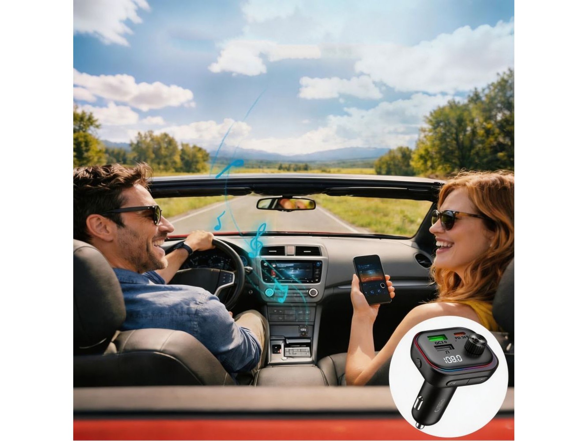 Cargador de coche Tech-Protect CC07 de 3 puertos PD de 54 W + transmisor FM Bluetooth - Negro