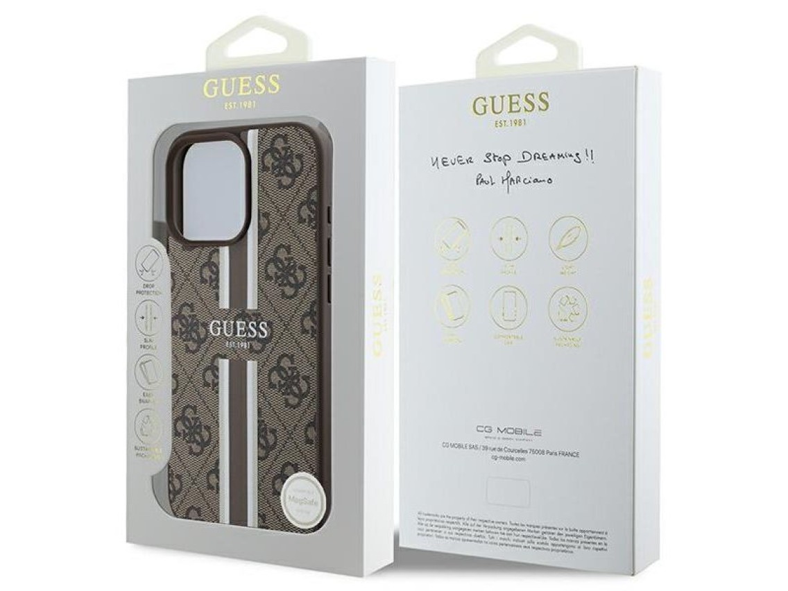 Capa Guess 4G com estampa de listras e MagSafe para iPhone 16 Pro Max - Marrom