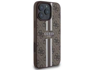 Capa Guess 4G com estampa de listras e MagSafe para iPhone 16 Pro Max - Marrom