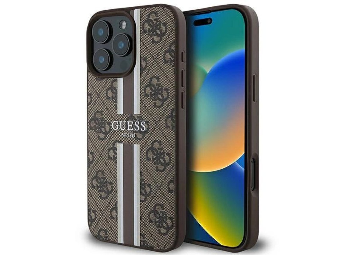 Capa Guess 4G com estampa de listras e MagSafe para iPhone 16 Pro Max - Marrom
