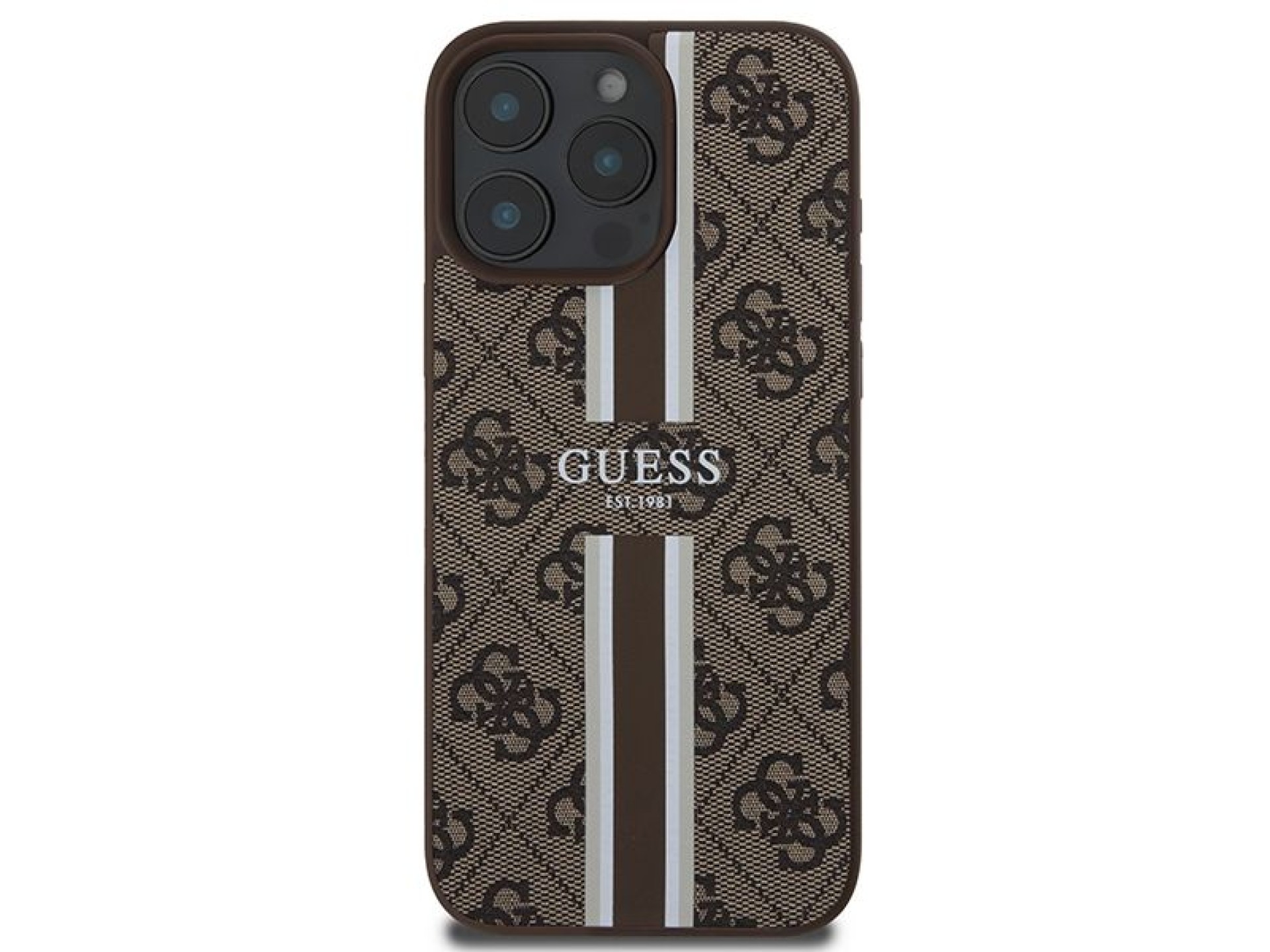 Capa Guess 4G com estampa de listras e MagSafe para iPhone 16 Pro Max - Marrom