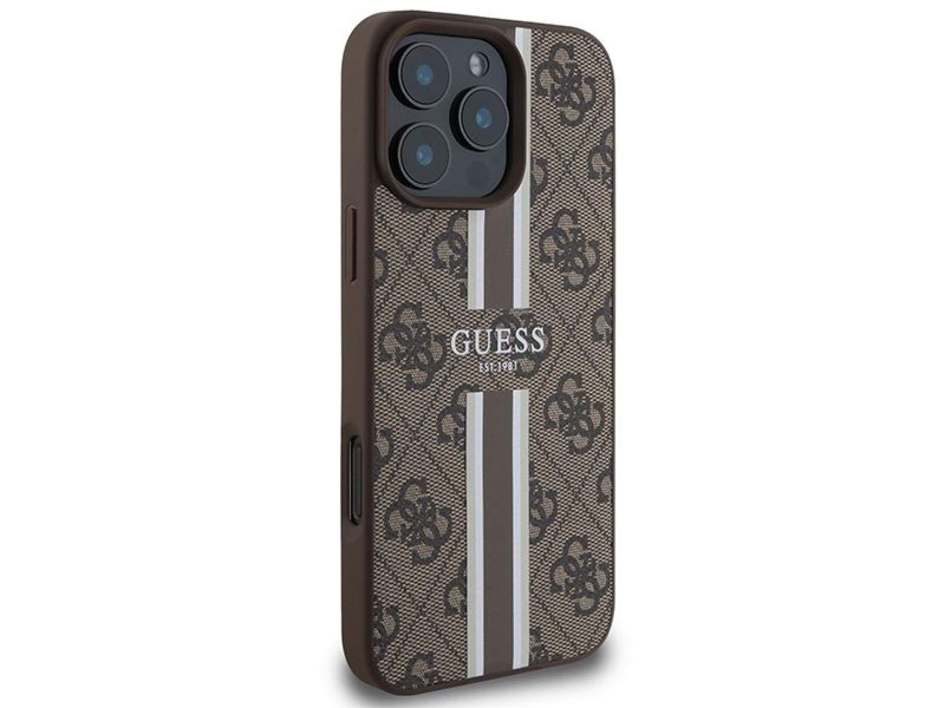Capa Guess 4G com estampa de listras e MagSafe para iPhone 16 Pro Max - Marrom