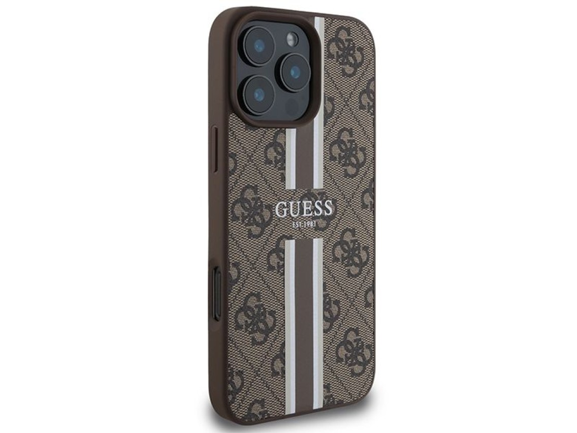 Capa Guess 4G com estampa de listras e MagSafe para iPhone 16 Pro Max - Marrom