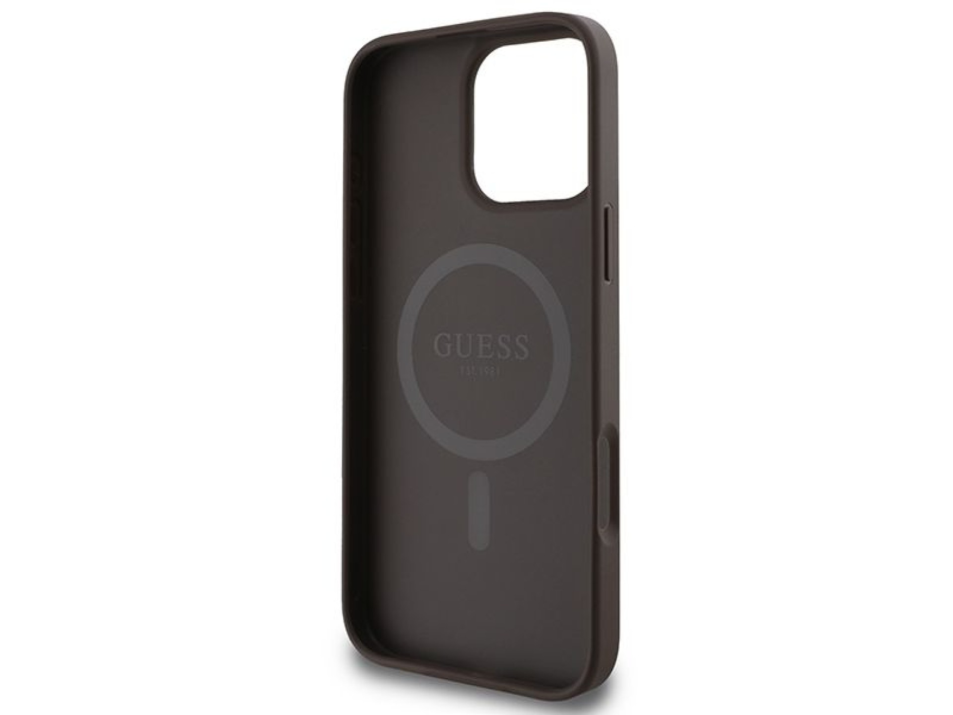 Capa Guess 4G com estampa de listras e MagSafe para iPhone 16 Pro Max - Marrom