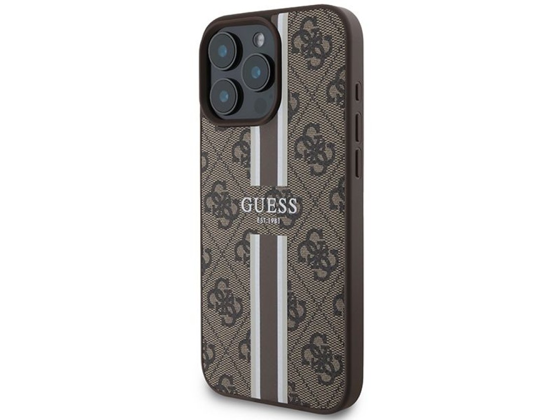 Capa Guess 4G com estampa de listras e MagSafe para iPhone 16 Pro Max - Marrom