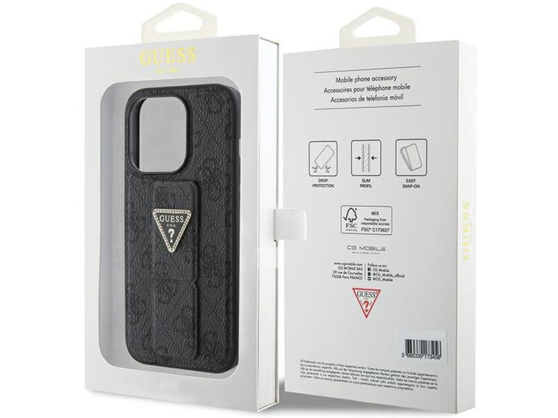 Guess Grip Stand 4G Triangle Strass case for iPhone 15 Pro - black