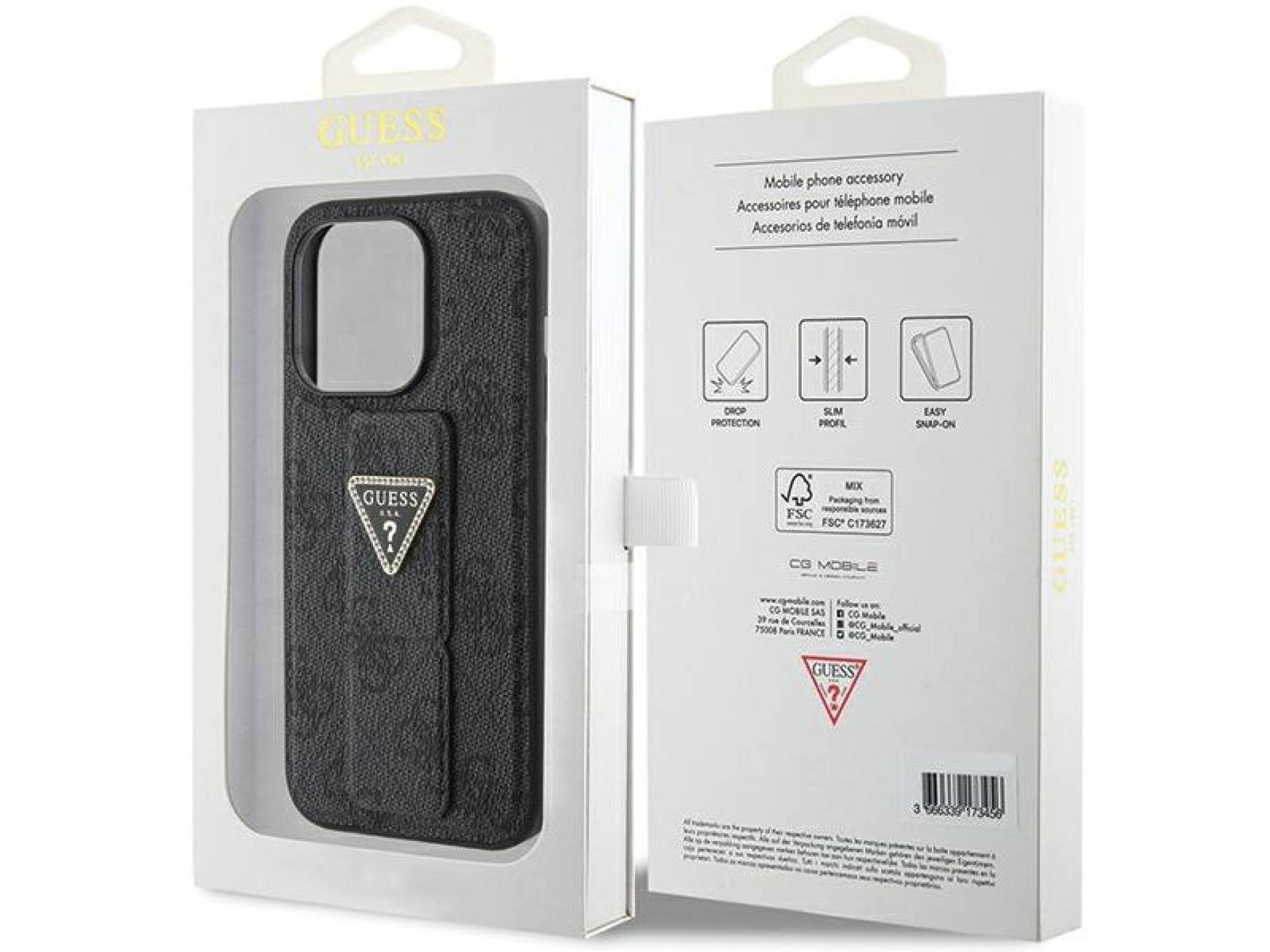 Guess Grip Stand 4G Triangle Strass case for iPhone 15 Pro - black