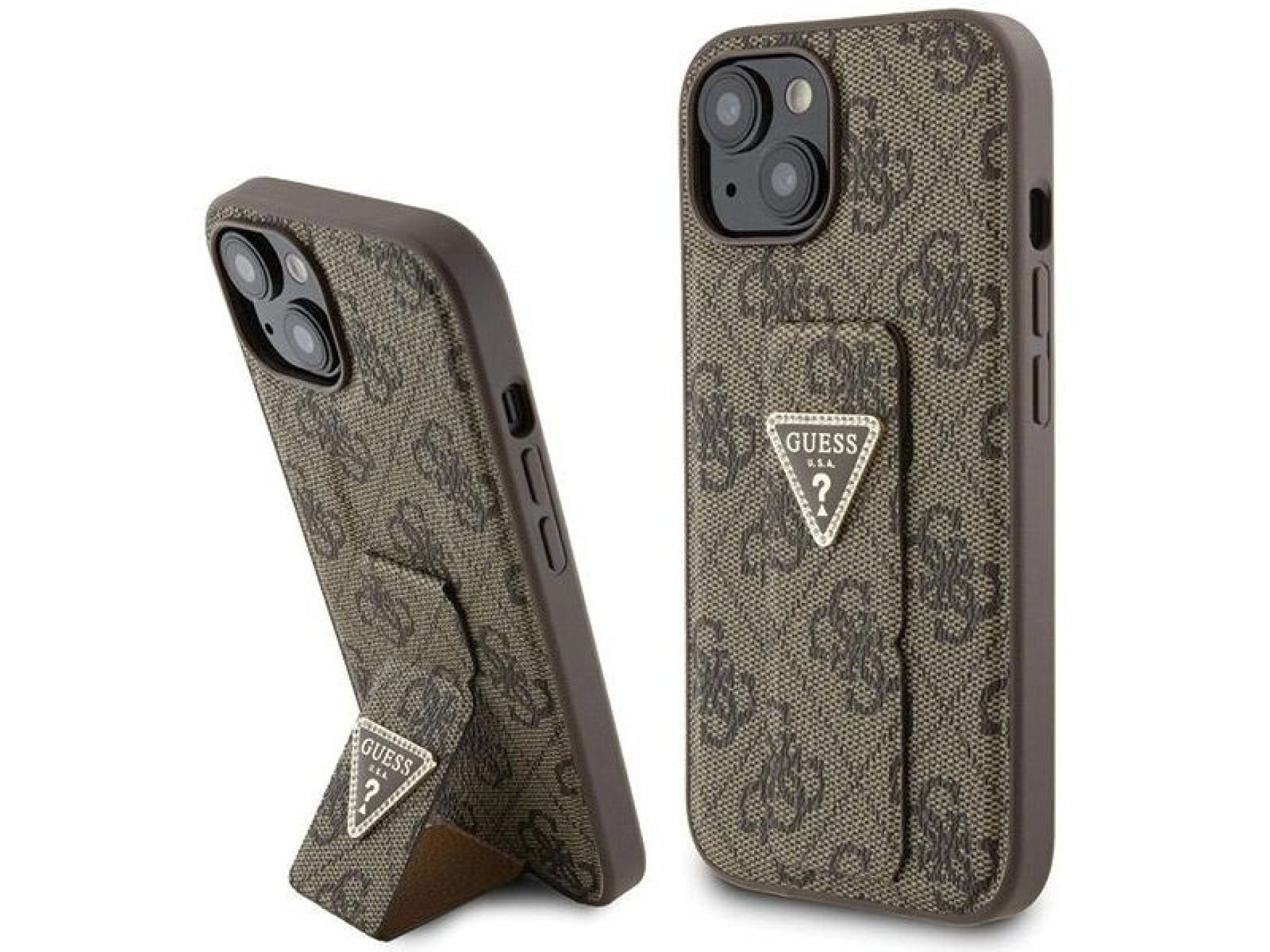 Guess Grip Stand 4G Triangle Strass case for iPhone 15 - brown