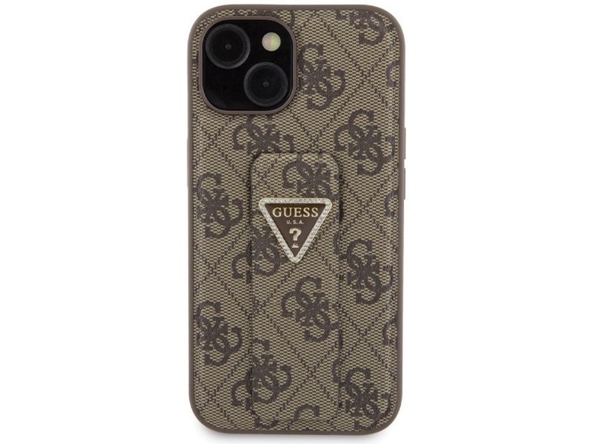 Guess Grip Stand 4G Triangle Strass case for iPhone 15 - brown