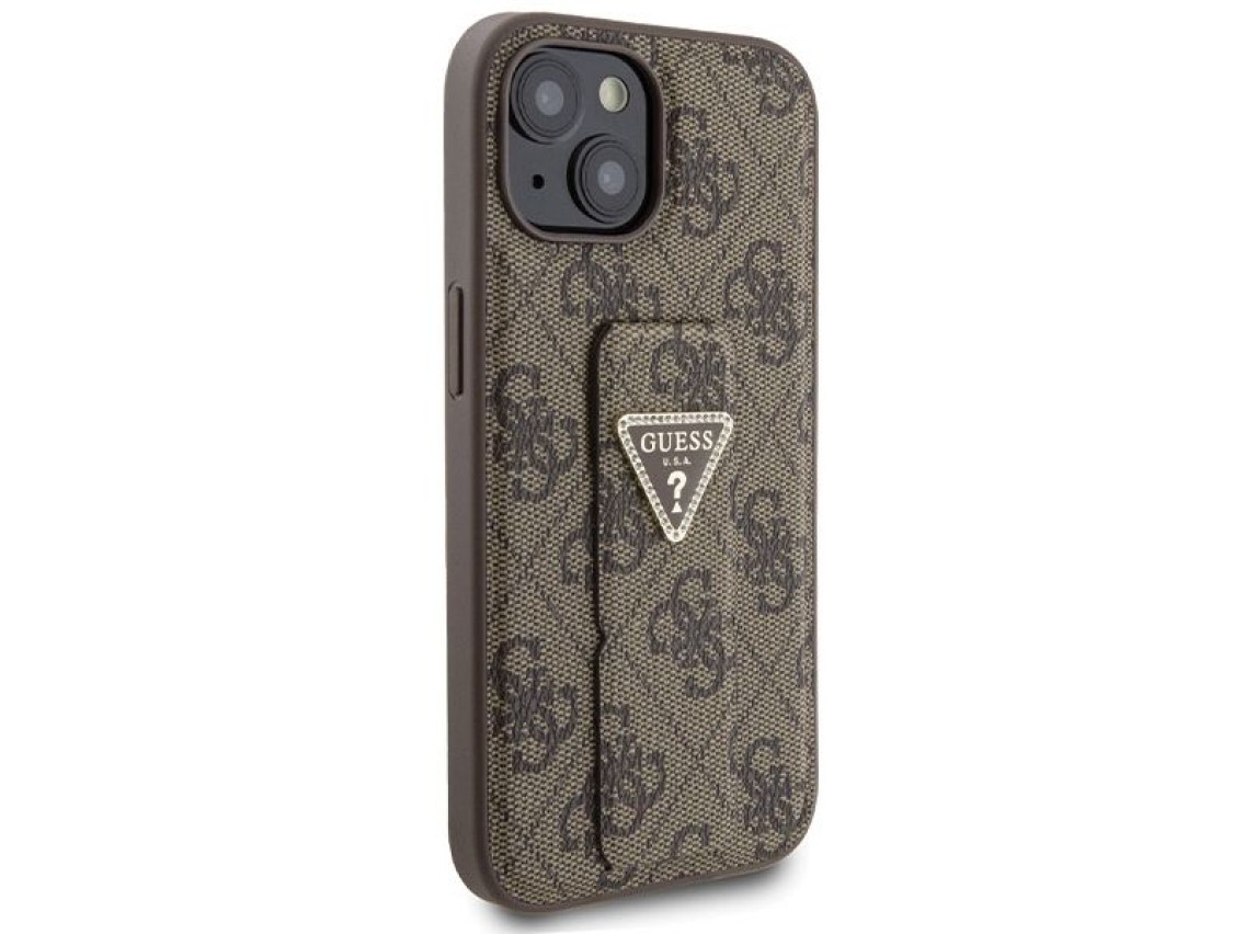 Guess Grip Stand 4G Triangle Strass case for iPhone 15 - brown