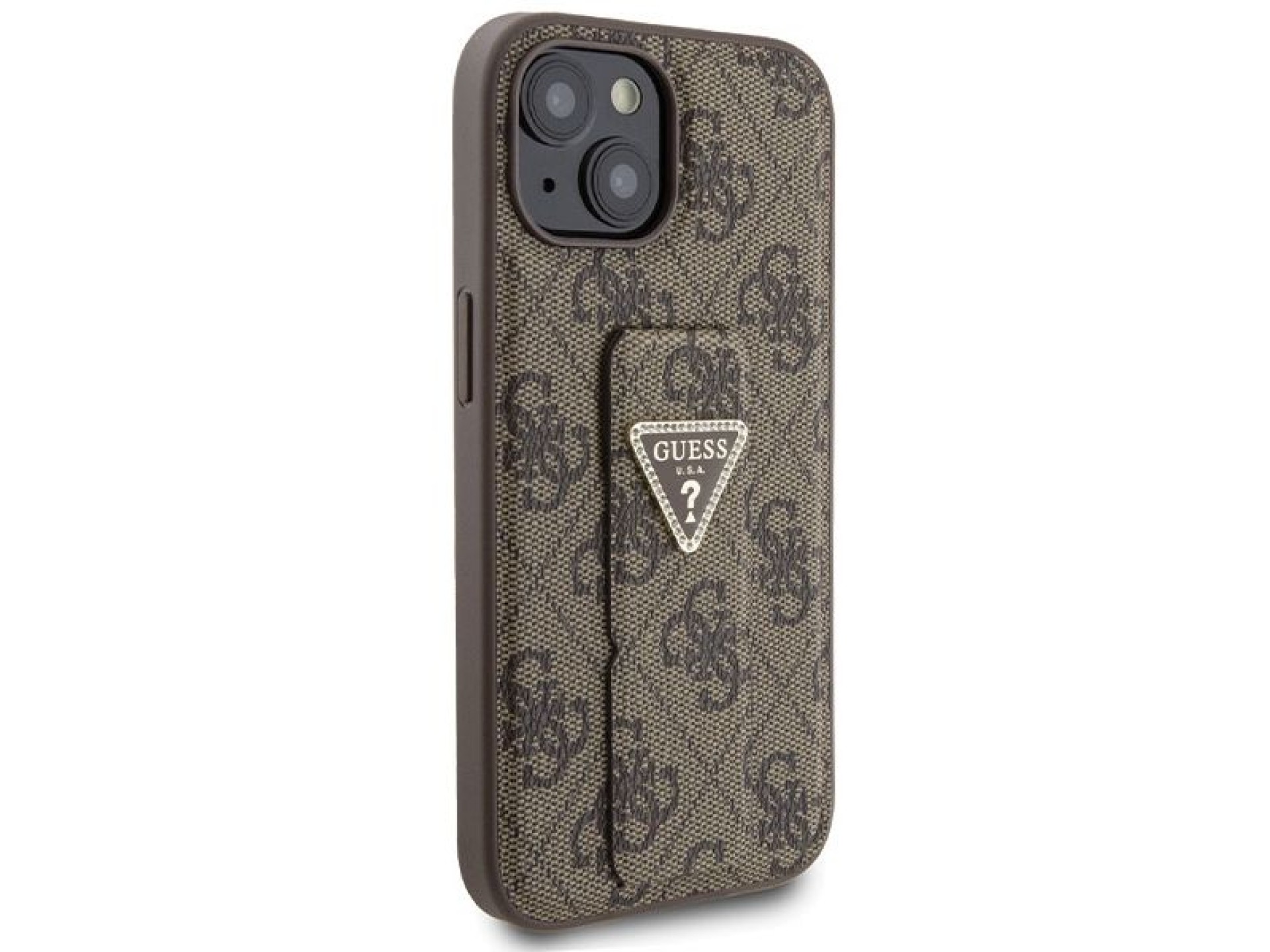 Guess Grip Stand 4G Triangle Strass case for iPhone 15 - brown